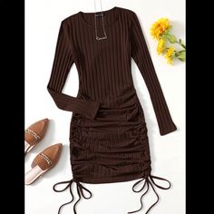 This Brown Dress Is 100% Cotton.. Never Worn But Super Cute For A Date Night! Brown Dress Outfit Formal, Chocolate Brown Dress Outfit, Brown Dress Outfit, Chocolate Brown Dress, Side Dress, Vestido Plus Size, Drawstring Dresses, Ribbed Knit Dress, Body Con Dress