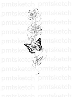 a black and white drawing of a butterfly with flowers on it's back side