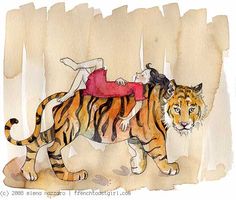 a drawing of a woman laying on top of a tiger's back, with another person in the background