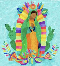 an image of the virgin mary with cactuses