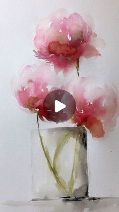 a watercolor painting of pink flowers in a glass vase on a table with a white background