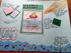 a bulletin board with writing and pictures on it