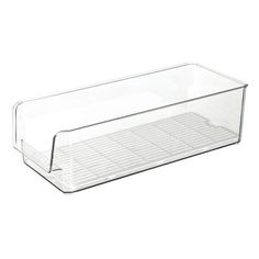 a clear plastic container with an open lid on the bottom and shelves in the middle