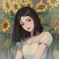 a painting of a woman with sunflowers in the background