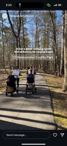 two people pushing strollers down the road in front of some trees and one person is walking