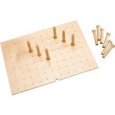 wooden peg board with six pegs and four holes