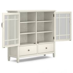 a white bookcase with two doors and three drawers on the bottom, one door open