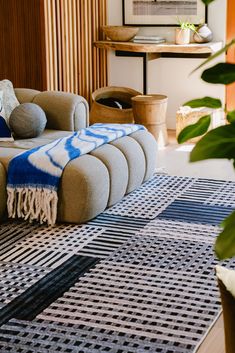 a living room with a couch, rug and potted plant on the side table