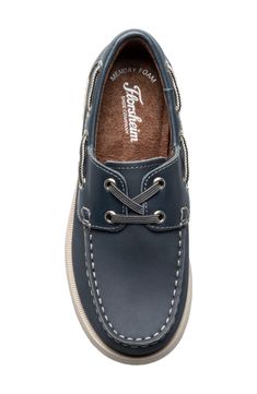 Breathable lining and a memory foam–cushioned footbed bring daylong comfort to a smooth leather boat shoe fixed with elastic laces for a kid-friendly design. Memory foam cushioning Leather upper/textile lining/rubber sole Imported Synthetic Slip-on Boat Shoes With Cushioned Footbed, Navy Round Toe Boat Shoes, Navy Boat Shoes With Rubber Sole And Round Toe, Lace-up Synthetic Boat Shoes With Rubber Sole, Synthetic Lace-up Boat Shoes With Rubber Sole, Synthetic Boat Shoes With Cushioned Footbed And Round Toe, Low-top Synthetic Boat Shoes With Cushioned Footbed, Leather Boat Shoes, Elastic Laces