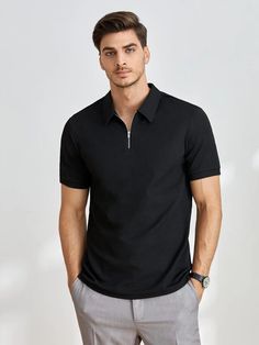 SHEIN Hombres Camisa polo con cremallera cuarta tejido de canalé | SHEIN USA Quarter Zip Shirt Outfit Men, Zip Up Polo Shirt, Zip Polo Shirt Men, Plain Polo Shirt For Men, Black Polo Tshirt Men Outfit, Plain T Shirt Outfit Men, Knit Polo Men Outfit, Black Polo Shirt Outfit Men, Mens Polo Shirt Outfit Classy