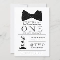 the little man birthday party card features a bow tie and polka dot print on it