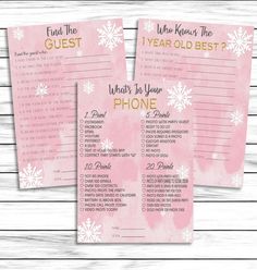 two pink and white snowflake themed wedding game cards