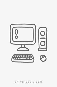 a black and white line drawing of a desktop computer with keyboard, mouse and speakers