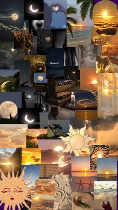 a collage of photos with the sun and moon in them, all over different places