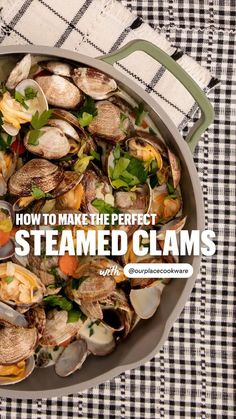 a pan filled with steamed clams on top of a checkered table cloth next to a