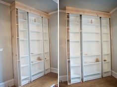 two pictures of the same bookcase in different rooms