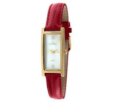 Red hot. This lovely watch provides plenty of fashionable flair thanks to its croco-embossed red leather strap and a sleek rectangular case. From Peugeot. Red Watches Women, Tick Tack, Brown Leather Strap Watch, Red Watch, Watches Women Leather, Leather Strap Watch, Watch Women, Pearl Leather, Brown Leather Strap