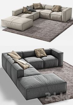 two different views of a sectional couch with pillows on the top and bottom, both facing each other