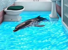 a dolphin swimming in a bathtub next to a toilet and sink with blue water on the floor