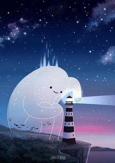 an illustration of a polar bear with a lighthouse in the foreground and stars in the background