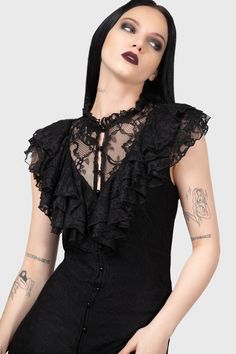 VAMPIRE'S BALL.- Soft, slight stretch custom-made lace.- Ruffled front detail.- Button-up front.- Sleeveless. - Attached underdress.- Fitted.with KILLSTAR branding. Fabric 1: 100% Polyamide. Fabric 2: 96% Polyester, 4% Elastane.Hand wash delicate 30°c / Do not bleach / Do not tumble dry / Iron at low temperature / Do not dry clean. Imported. Black Lace Dress Simple, Vampire Style, Goth Wardrobe, Killstar Dress, Vampire Dress, Green Hair Dye, Soft Goth, 80s Goth, Review Clothing