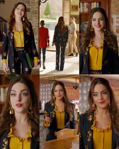 four pictures of a woman in yellow and black outfit with gold details on her shoulders