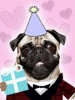 a pug dog wearing a party hat and bow tie