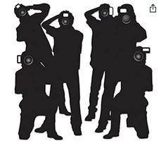 silhouettes of people with cameras and speakers in the shape of a man's head