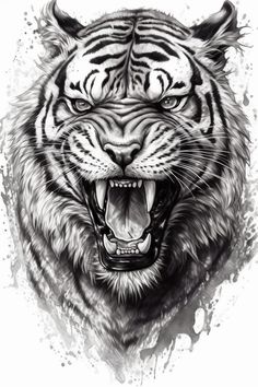 a black and white drawing of a tiger's face with it's mouth open