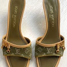 a pair of louis vuitton sandals with gold hardwares on the toes and straps