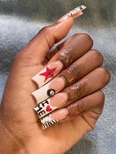 Nail inspiration 8 ball animal zebra print star french tip trendy Zebra Tips Nails, Nails Acrylic Animal Print, Abstract Nail Art Square Nails, Red Zebra Print Nails, Cheers Print Nails, Tarayummy Nails, Zebra Print Acrylic Nails, Zebra Print French Tip Nails, 2000s French Tip Nails