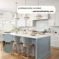 an image of a kitchen with white cabinets and blue stools on the island in front of it