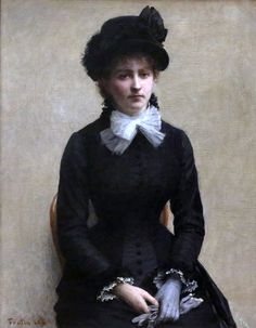 an oil painting of a woman in black dress and white gloves sitting on a chair