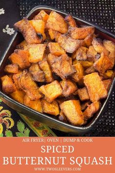 spiced butternut squash in a baking dish with text overlay