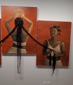 three paintings hanging on the wall with one woman's hair tied to her head