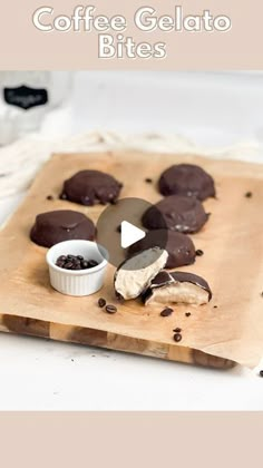 coffee gelato bites on a cutting board with chocolate chips and cream in the background