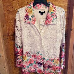 New With Tags Size Small Weavz Lace Overlay Jacket. Floral White Lace With Pink And Purple And Green Coloring At The Bottom. Very Very Cute For Spring And Summer. Smoke Free Home