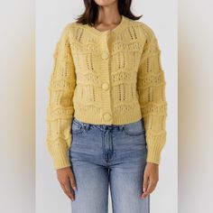 Comment With Any Questions! Nwts! Yellow Cardigan, Rose Sweater, Chunky Knit Cardigan, Dresses Cocktail, Rose Yellow, Button Cardigan, Mini Dress Shop, Knitted Cardigan, Sheer Sleeves