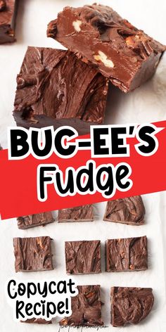 chocolate fudge is cut into squares and placed on top of each other with the words bug - eef's fudge