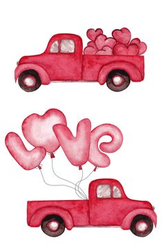 two red trucks with hearts on the back and one truck with balloons in the bed