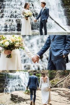 the bride and groom are holding hands in front of a waterfall