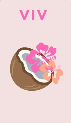 the letter v is in front of a pink background with an image of a coconut and flowers