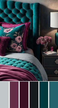 the color scheme is teal, purple and green with pink flowers on it in this bedroom