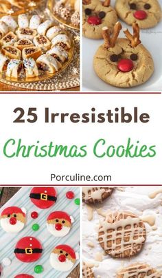 christmas cookies with santa hats and reindeer noses on them are featured in this collage