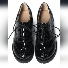 Women's Lace Up Wingtip Oxford. Platnum Chunky Heel. Vintage Round Toe Brogue Shoe. Us Size 8. Never Worn. Ordered Next Size Up And Never Returned These. Love Mine. Black Synthetic Round Toe Oxfords, Black Synthetic Closed Toe Oxfords, Black Synthetic Closed-toe Oxfords, Party Oxfords With Brogue Detailing And Round Toe, Black Lace-up Synthetic Oxfords, Black Lace-up Shoes With Round Toe For Office, Black Synthetic Flat Lace-up Shoes, Black Platform Wingtip Oxfords, Black Wingtip Platform Oxfords