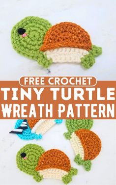 two crocheted turtle hats with text overlay that says free crochet tiny turtle wreath pattern