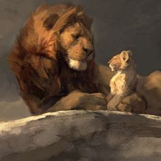 a painting of a lion and its cub sitting on a rock in front of a cloudy sky