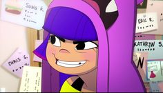 a cartoon character with purple hair and black eyes, standing in front of many signs