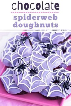 chocolate spiderweb doughnuts on a pink plate