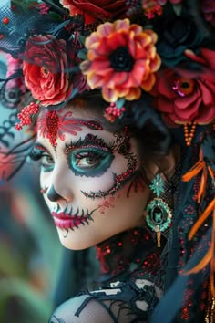 Celebrate the spirit of Halloween with this vibrant Day of the Dead iPhone wallpaper! Featuring a stunning woman with intricate and colorful sugar skull makeup, adorned with elaborate flowers and beads, this wallpaper captures the beauty and cultural richness of Dia de los Muertos. Perfect for those who appreciate detailed and artistic Halloween themes. Halloween wallpaper, Day of the Dead, iPhone background, sugar skull makeup, Dia de los Muertos, colorful Halloween, intricate design, vibrant decor, October vibes, cultural celebration. Sugar Skull Costume Ideas, Dia De Los Muertos Pumpkin Ideas, Day Of The Dead Outfits Woman, Day Of The Dead Halloween Costume, Day Of The Dead Make Up, Dia De Los Muertos Makeup For Women, Dia De Los Muertos Costumes For Women, Makeup Dia, Day Of The Dead Headpiece